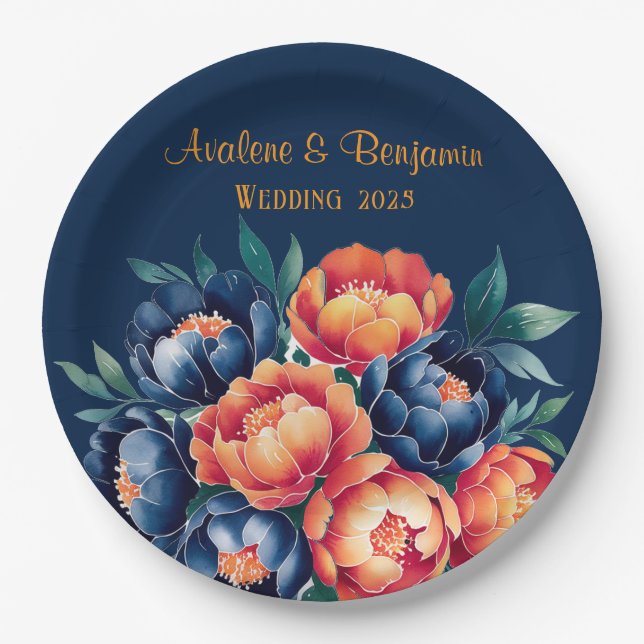 Navy Blue and Orange Peony Flower Wedding Paper Plate (Front)