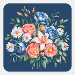 Navy Blue and Orange Peony Flower Wedding Square Sticker