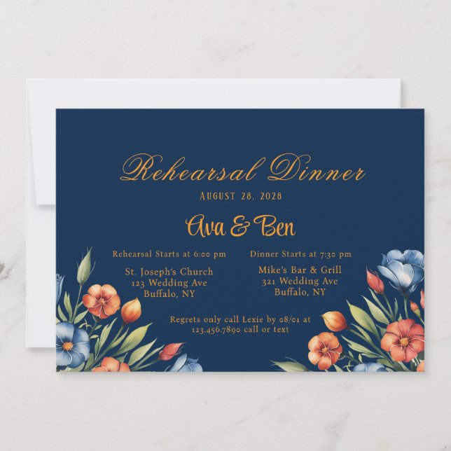 Navy Blue and Orange Peony Rehearsal Dinner Invitation (Front)