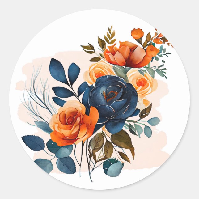 Navy Blue and Orange Peony Wedding Classic Round Sticker (Front)