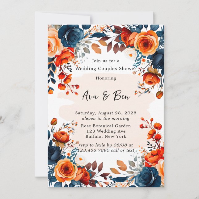 Navy Blue and Orange Peony Wedding Couple Shower Invitation (Front)
