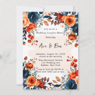 Navy Blue and Orange Peony Wedding Couple Shower Invitation