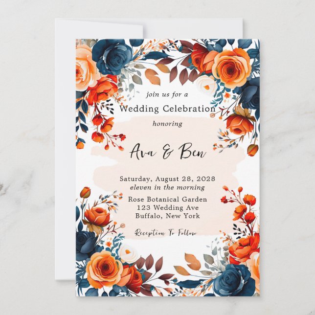 Navy Blue and Orange Peony Wedding Invitation (Front)