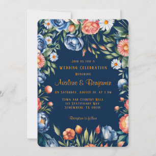 Navy Blue and Orange Peony Wedding  Invitation