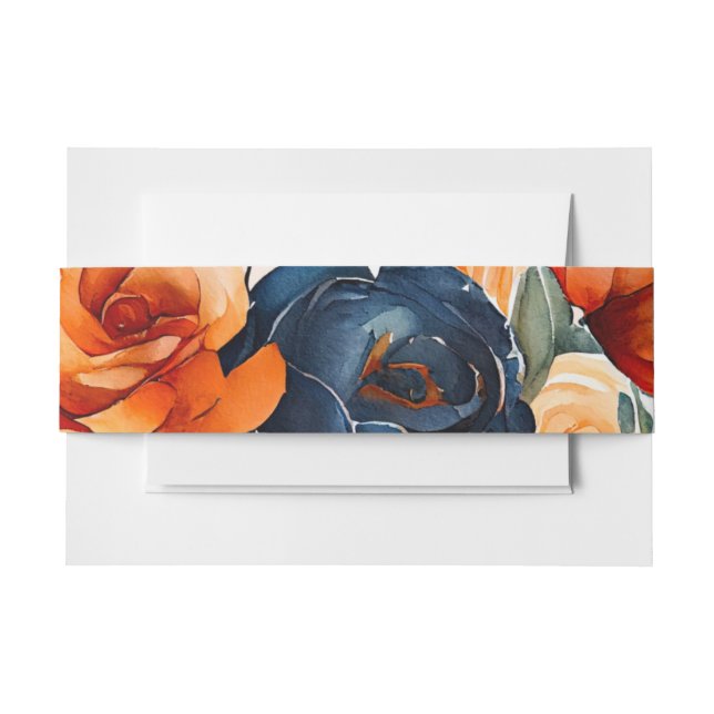 Navy Blue and Orange Peony Wedding Invitation Belly Band (Front Example)