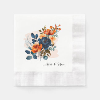 Navy Blue and Orange Peony Wedding Napkin