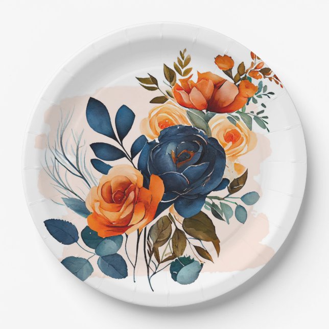 Navy Blue and Orange Peony Wedding Paper Plate (Front)