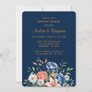 Navy Blue and Orange Peony Wedding Shower Invitation