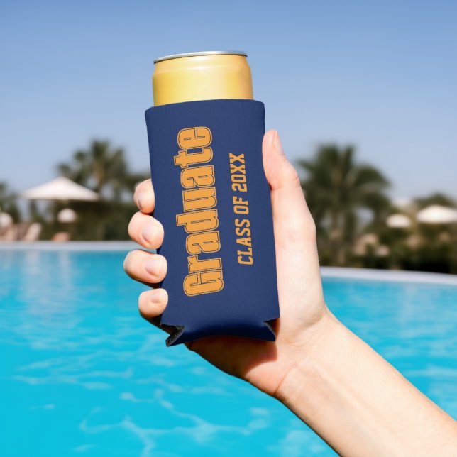 Navy Blue and Orange School Colours Graduate Seltzer Can Cooler (In Situ Pool)