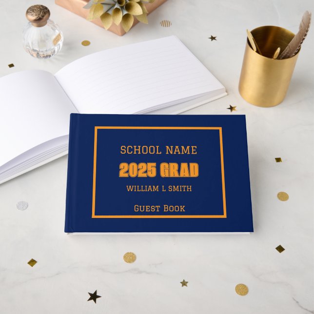 Navy Blue and Orange School Colours Graduation Guest Book (Front Open)