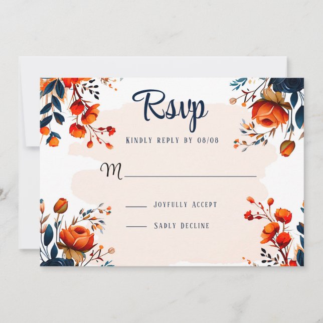 Navy Blue and Orange Wedding RSVP Cards (Front)