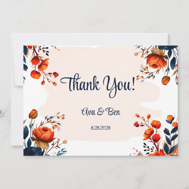 Navy Blue and Orange Wedding Thank You Cards (Front)