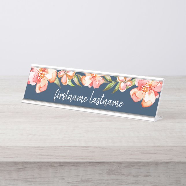 Navy Blue and painted flowers calligraphy name Desk Name Plate (Front)