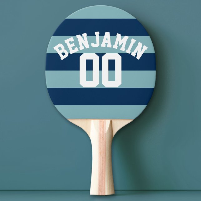 Navy Blue and Pastel Rugby Stripes Name Number Ping Pong Paddle (Custom Ping Pong Paddle with a Sports Theme)