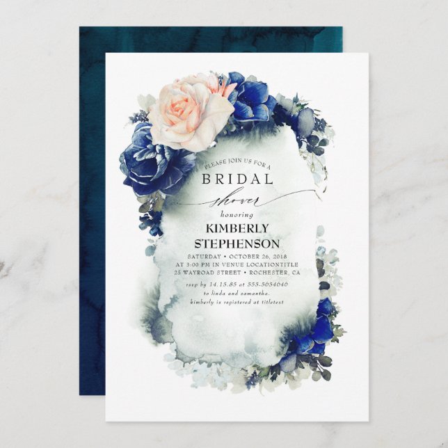 Navy Blue and Peach Floral Bohemian Bridal Shower Invitation (Front/Back)