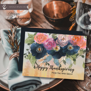 Navy Blue and Peach Floral Corporate Thanksgiving  Holiday Card