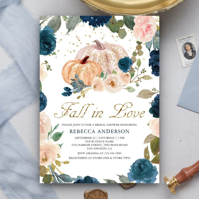 Navy Blue and Peach Floral Pumpkin Bridal Shower Invitation (Creator Uploaded)
