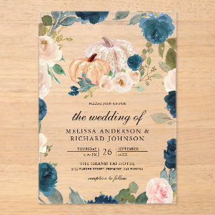 Navy Blue and Peach Floral Pumpkin Wedding Acrylic Invitations