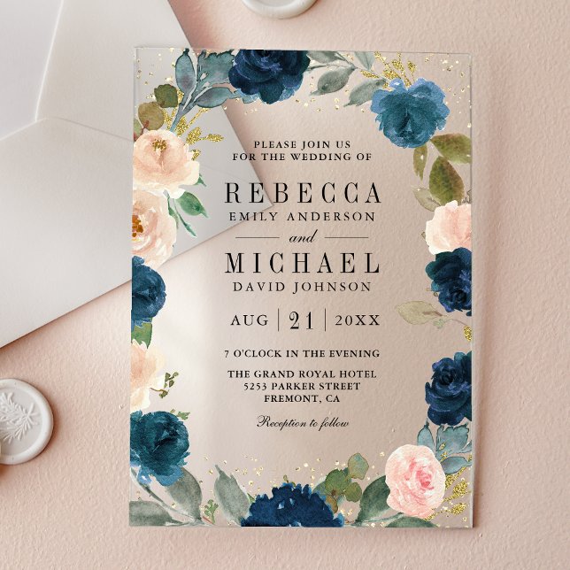 Navy Blue and Peach Floral Wedding Acrylic Invitations (Creator Uploaded)