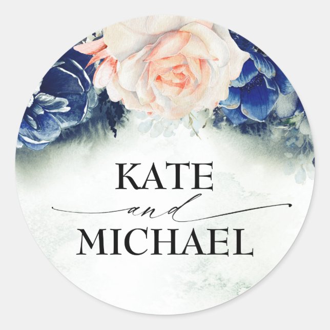 Navy Blue and Peach Flowers Elegant Modern Classic Round Sticker (Front)