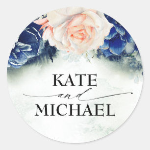 Navy Blue and Peach Flowers Elegant Modern Classic Round Sticker