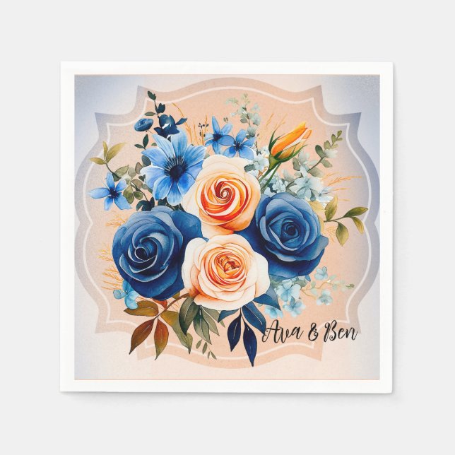 Navy Blue and Peach Painted Floral Wedding Napkin (Front)