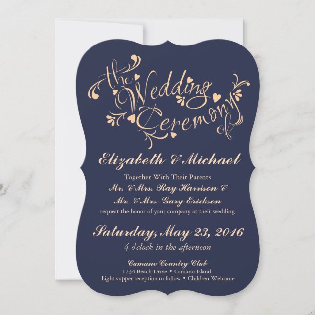 Navy Blue and Peach Wedding Invitation (Front)