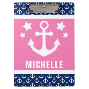 Navy Blue and Pink Anchors Nautical Pattern Clipboard