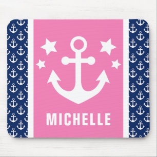 Navy Blue and Pink Anchors Nautical Pattern Mouse Mat