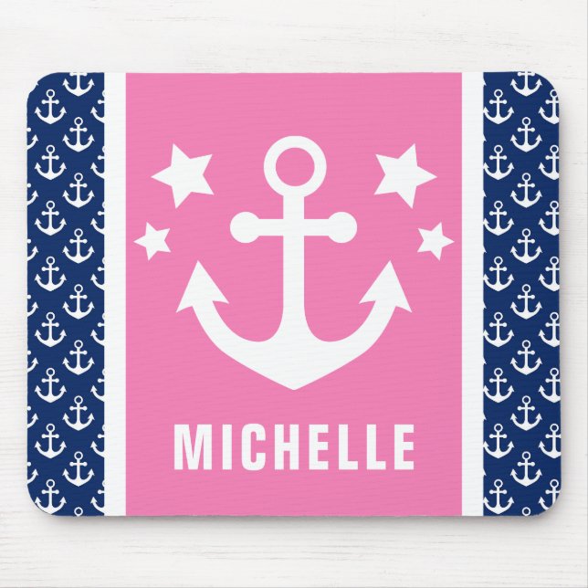 Navy Blue and Pink Anchors Nautical Pattern  Mouse Mat (Front)