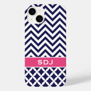 Navy Blue and Pink Chevron Custom Monogram Case-Mate iPhone 14 Case