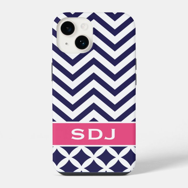 Navy Blue and Pink Chevron Custom Monogram iPhone Case (Back)