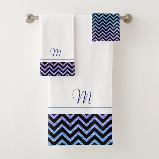 Navy-blue and pink chevron monogram bath towel set (Insitu)