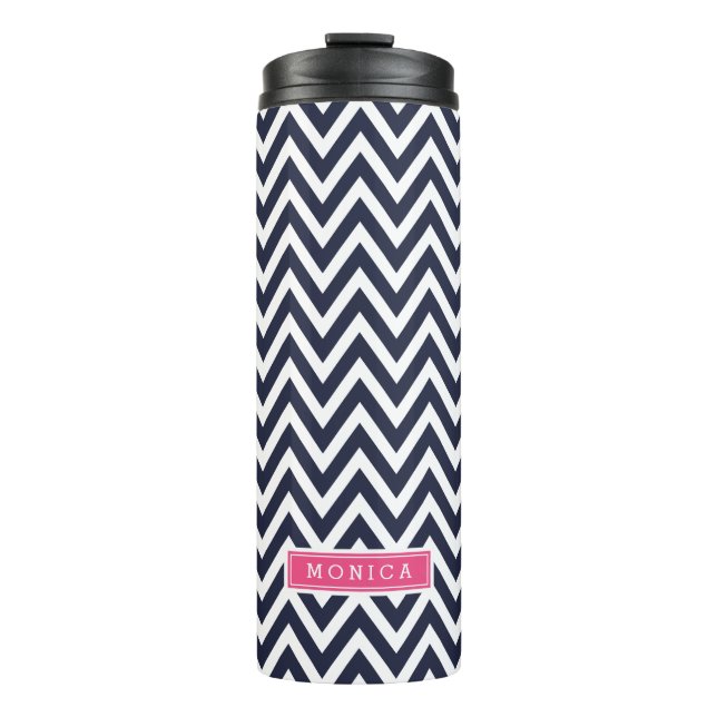 Navy Blue and Pink Chevron Monogram Thermal Tumbler (Front)