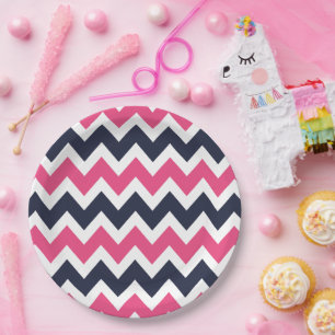 Navy Blue and Pink Chevron Paper Plate