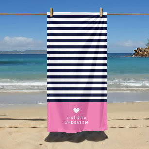 Navy Blue and Pink Chic Stripes Heart Monogram Beach Towel