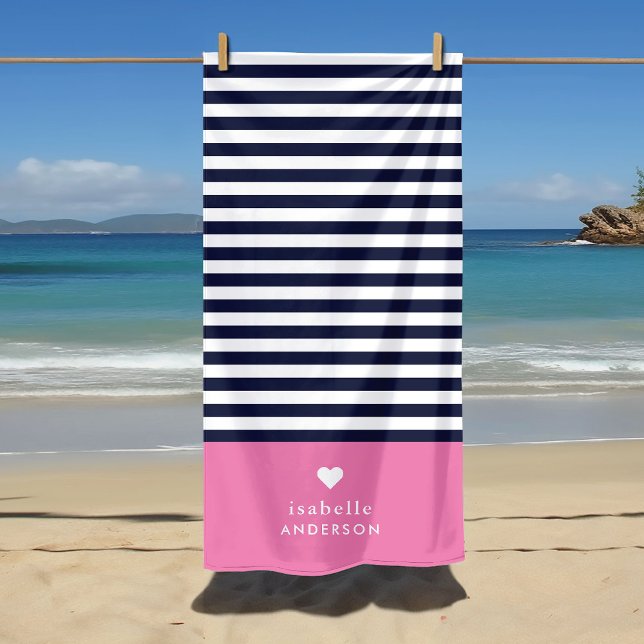 Navy Blue and Pink Chic Stripes Heart Monogram Beach Towel (Creator Uploaded)