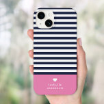 Navy Blue and Pink Chic Stripes Heart Monogram Case-Mate iPhone 14 Case<br><div class="desc">Stylish custom phone case in pink, navy blue and white colours. This design features a preppy classic navy and white striped pattern. Personalise it with your name monogram or other custom text with a cute heart symbol. Use the design tools to choose any background colours, edit the text fonts and...</div>