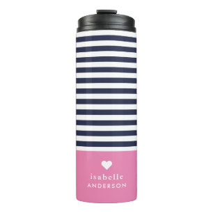 Navy Blue and Pink Chic Stripes Heart Monogram Thermal Tumbler