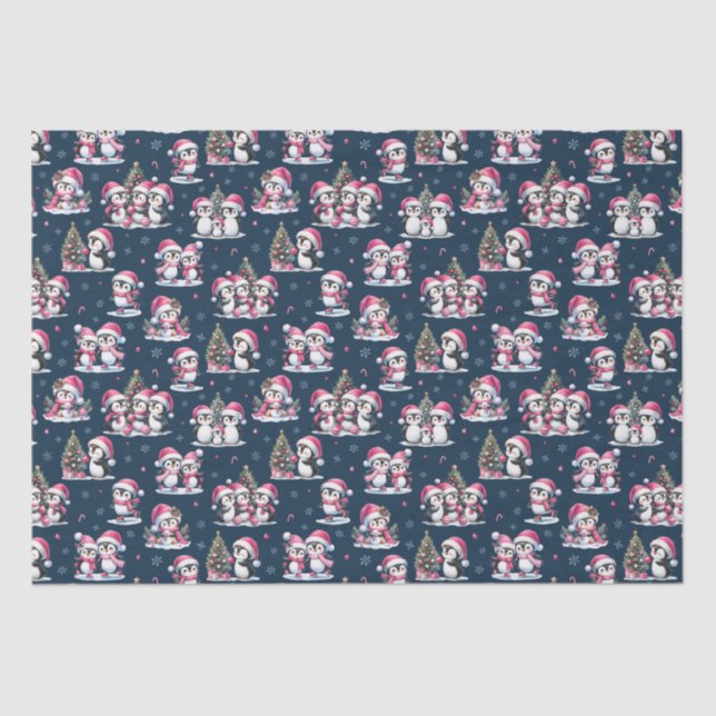 Navy Blue and Pink Cute Penguins Pattern Christmas Tissue Paper (Front)