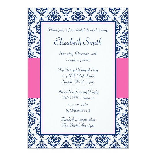 Navy Blue and Pink Damask Bridal Shower Card