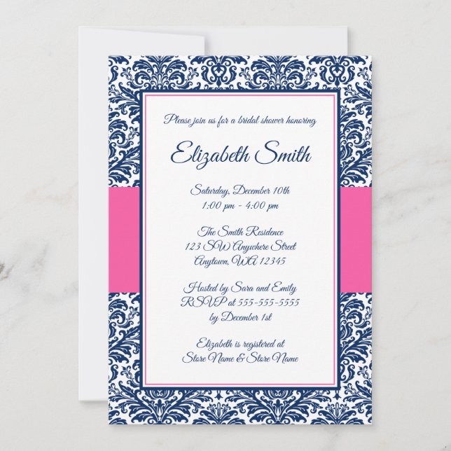 Navy Blue and Pink Damask Bridal Shower Invitation (Front)