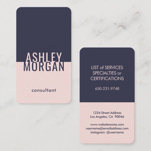 Navy Blue and Pink Elegant Simple Modern Vertical Business Card (Front/Back)
