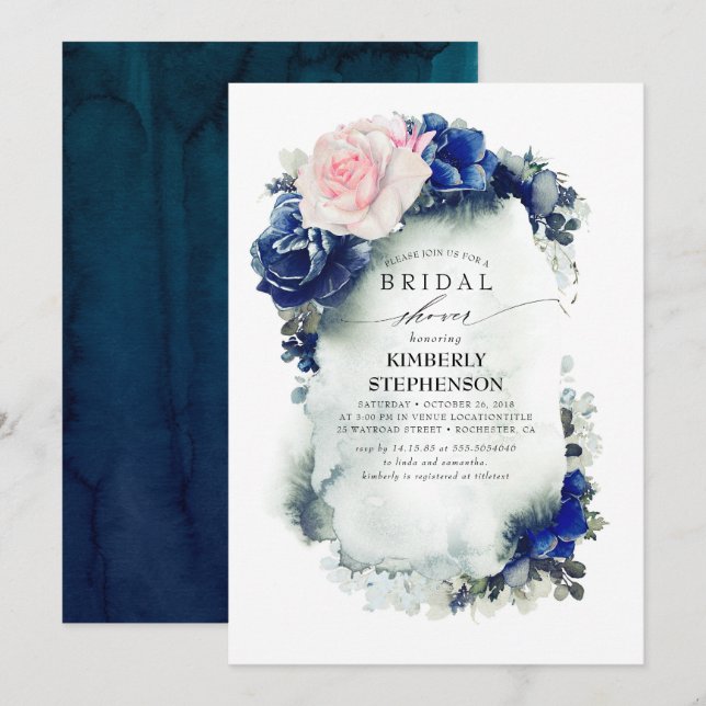 Navy Blue and Pink Floral Bohemian Bridal Shower Invitation (Front/Back)
