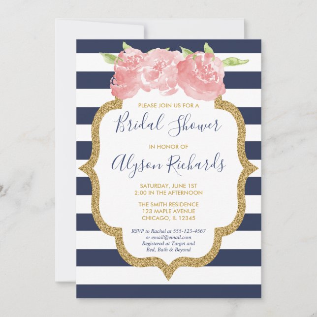 Navy blue and pink floral bridal shower invitation (Front)