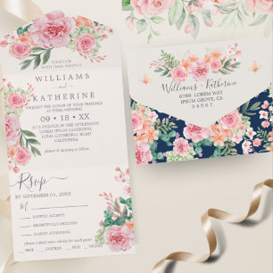 Navy Blue and pink floral Budget Wedding All In One Invitation