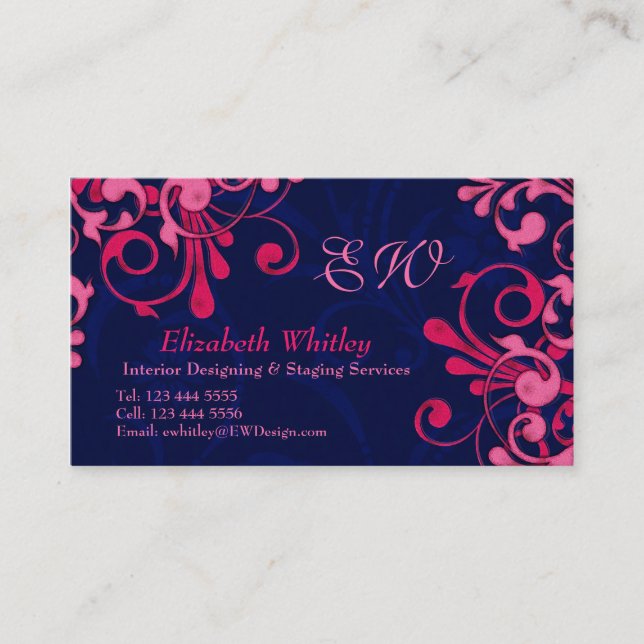 Navy Blue and Pink Floral Business Card Template (Front)