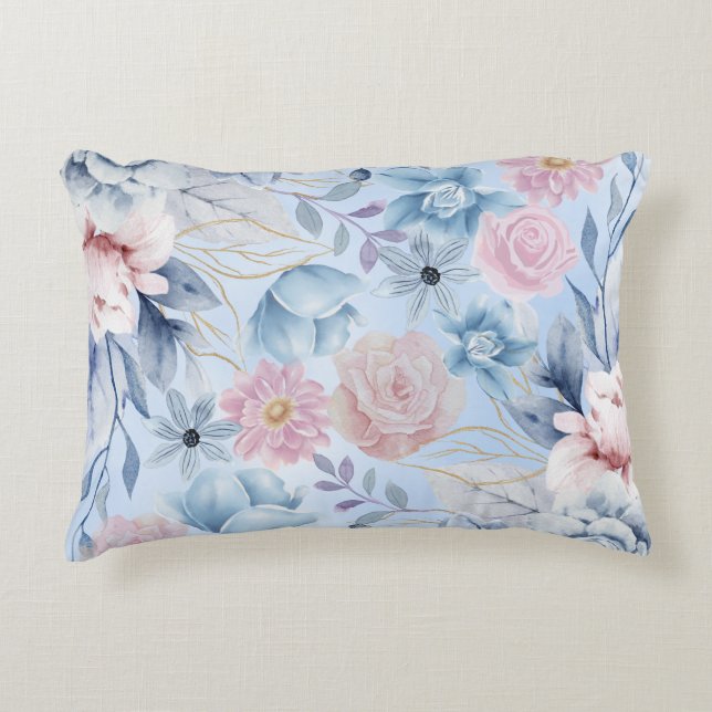 Navy Blue And Pink Floral Decorative Cushion (Front)