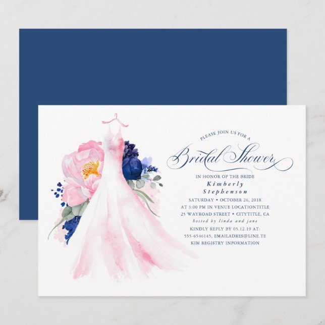 Navy Blue and Pink Floral Dress Bridal Shower Invitation (Front/Back)