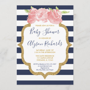 Navy blue and pink floral girl baby shower invitation
